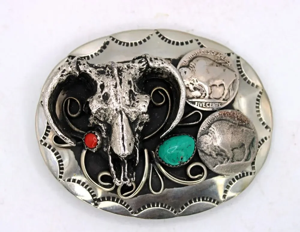 Nickel Silver Navajo Cow Skull Buffalo Nickel Coral & Turquoise Belt Buckle